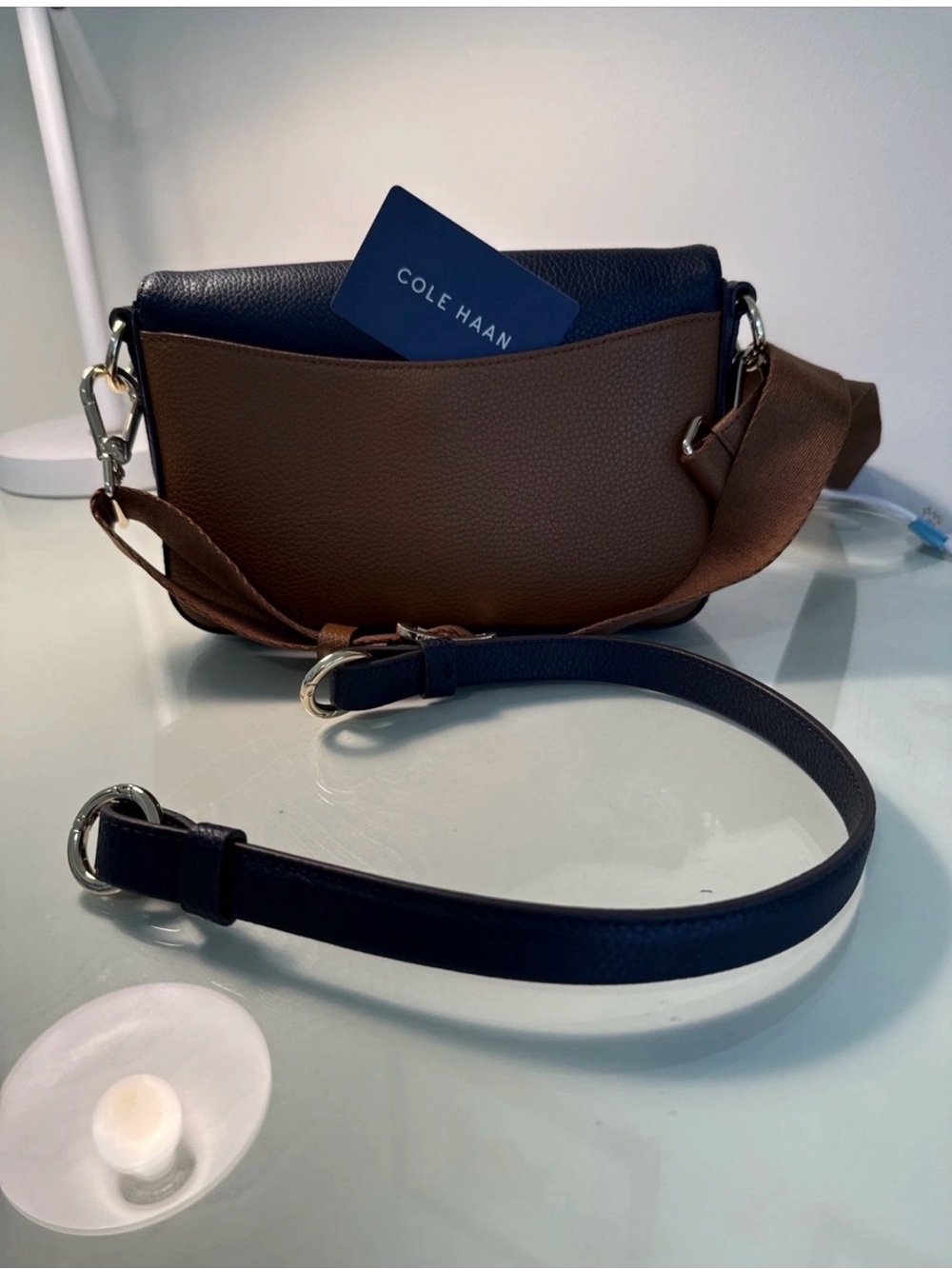 Cole Haan Navy, Brown & Cream Colorblock Leather Crossbody - Picture 2 of 6